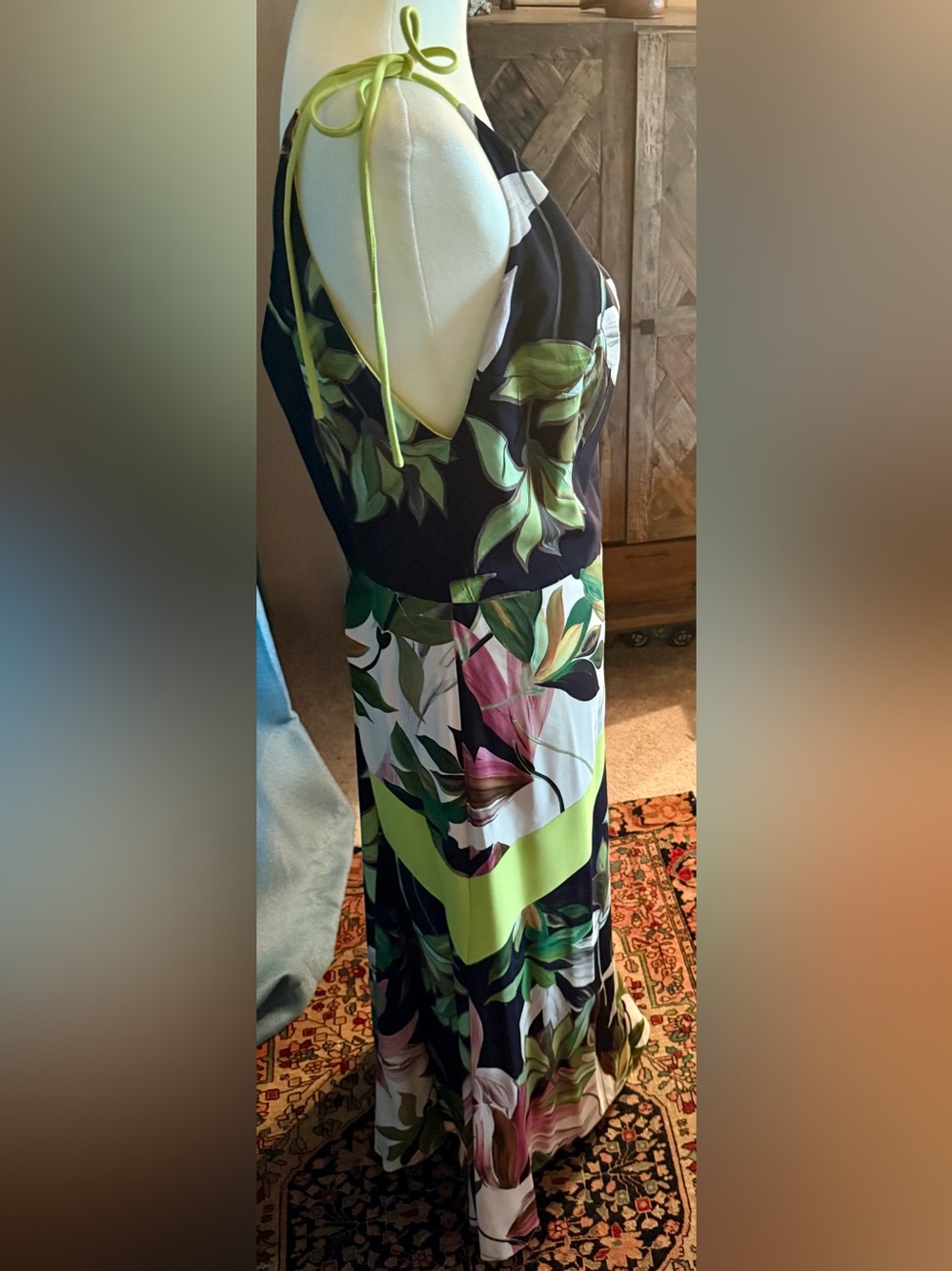 Christian Siriano Black Tropical Maxi Dress w/ Neon Green Accent & Shoulder Ties - Picture 3 of 5